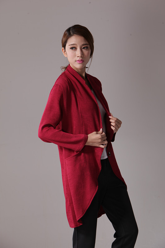 6079#秋季2015休闲小西装女外套亚麻显瘦中长款长袖休闲西服 藏青色 M