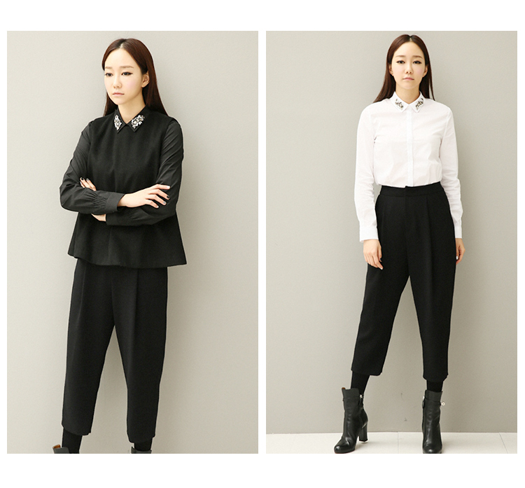 shezglobal韩国SZ新款女装羊毛呢子阔腿百搭宽松七分休闲裤 黑色 S