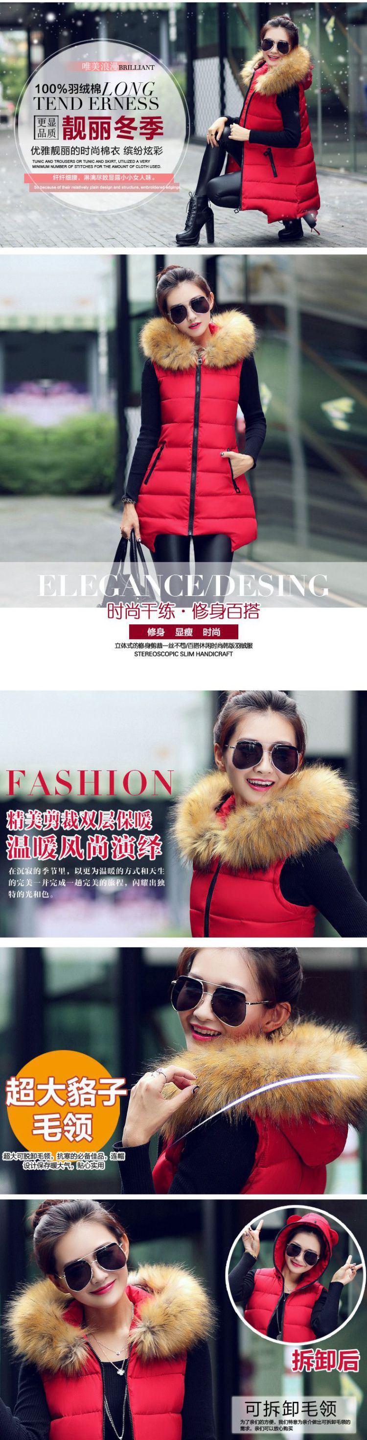 撒芬  2015新款毛领大码棉衣女修身中长款棉马甲背心外套棉服女棉袄F523 黑色 XL
