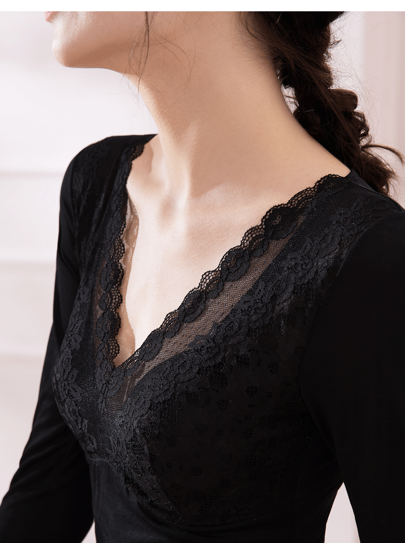 金三塔女真丝内衣套v领蕾丝拼接保暖内衣套女肤色1105xl