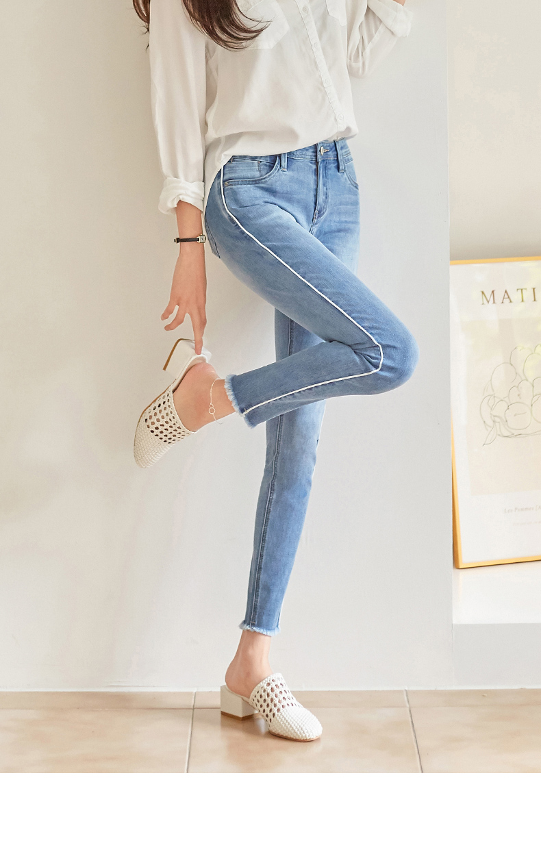 琼斯维格jonas wagell 牛仔裤女新款白边条毛边紧身显瘦九分裤 浅蓝色