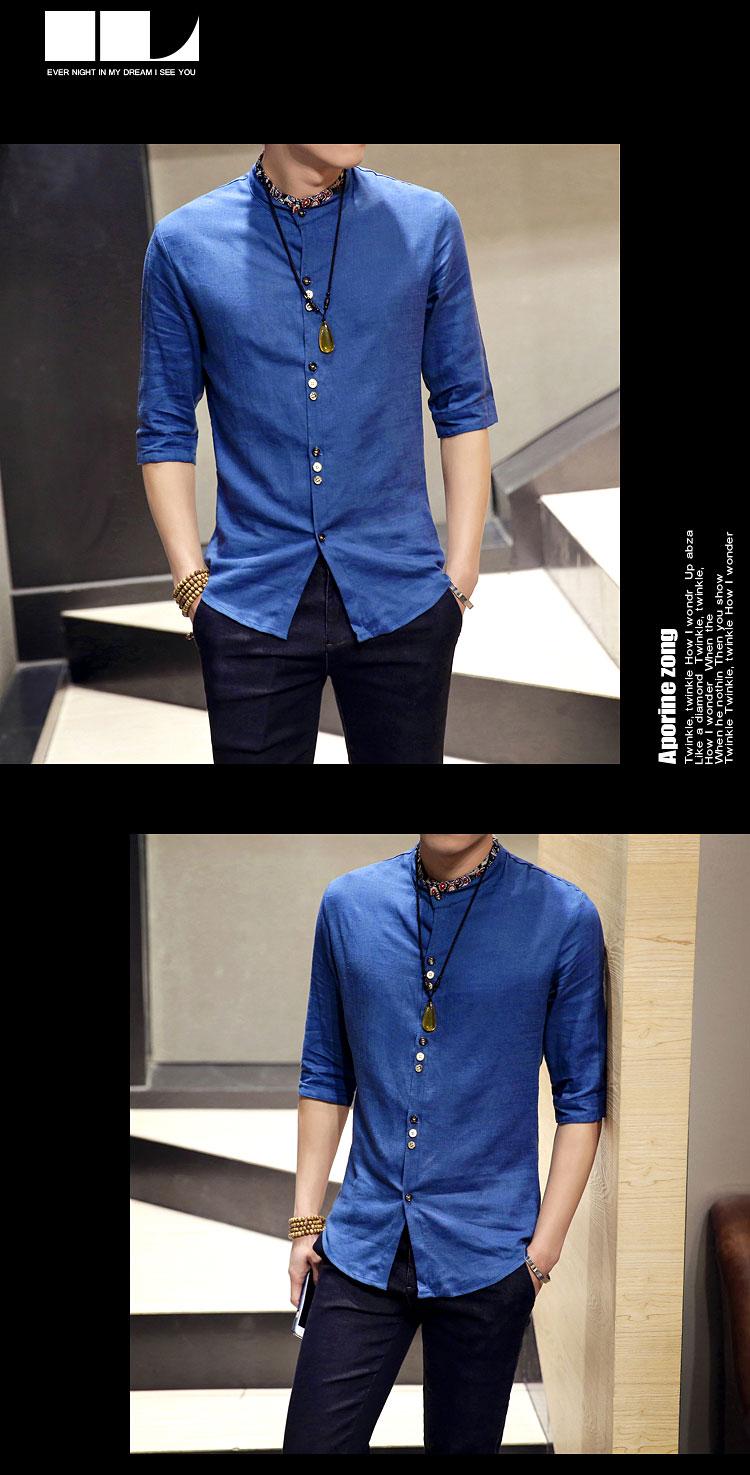 霁蓝 衬衫男 夏装新款亚麻中国风七分袖衬衣 韩版修身潮男民族风拼接