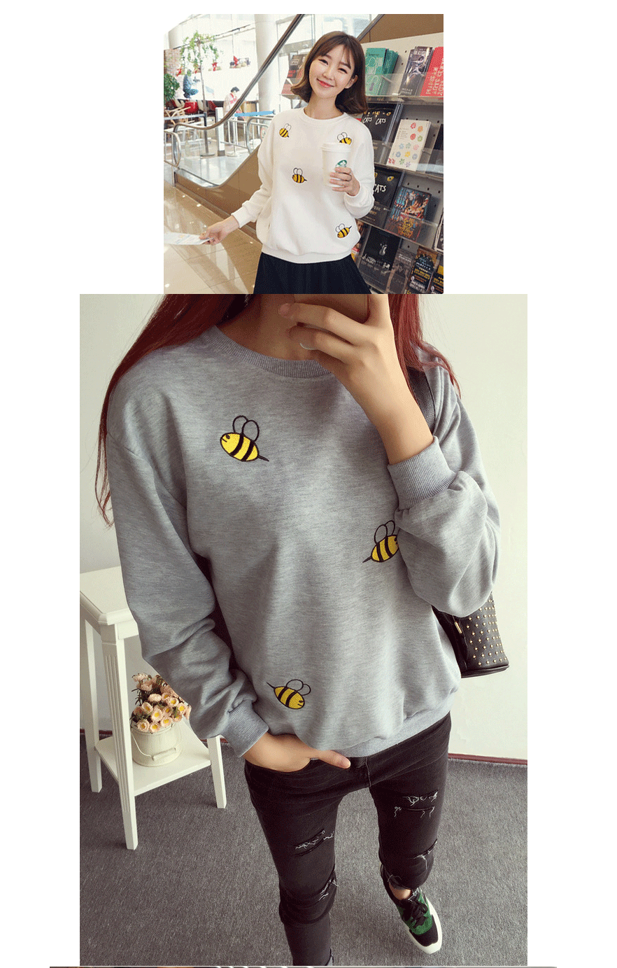 千朵芬 2016韩版新款卡通刺绣小蜜蜂百搭卫衣休闲圆领套头长袖卫衣女