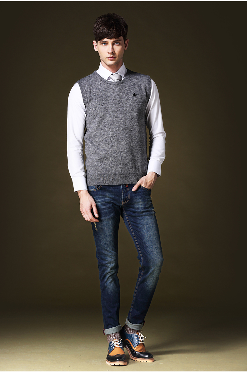 秋冬男毛背心无袖毛衣v领针织毛线马甲修身坎肩线衫 浅灰色 m-165