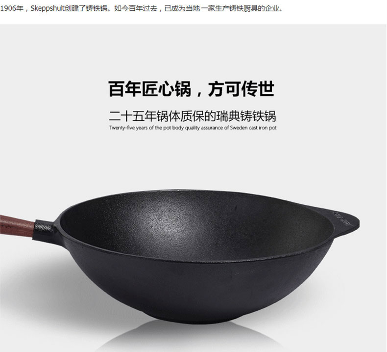 
                                        【瑞典进口】斯肯特 炒锅铸铁锅 无涂层物理不粘锅无油烟锅 平底炒菜锅具32CM                