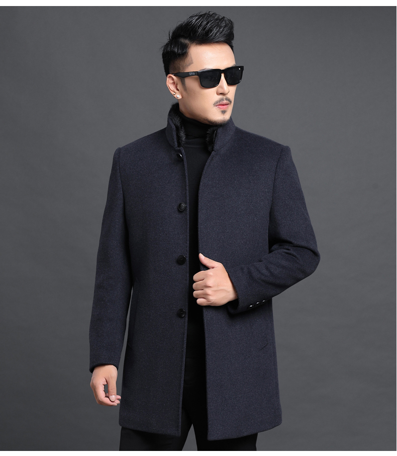 男士大衣中长款潮流羊毛呢外套 花花公子纯色中长款立领毛领毛呢外套