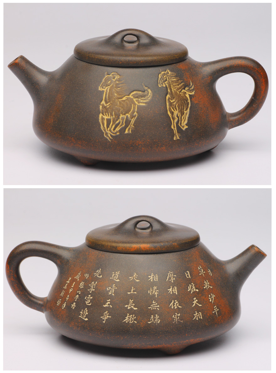 广西坭兴陶 国家高级工艺美术师 吴莹 浮雕骏马石瓢壶