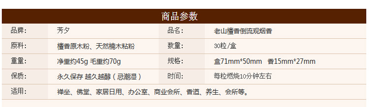 
                                        芳夕 倒流观烟香30粒装 老山檀香塔香锥香道沉香薰打孔流香 龙涎香                