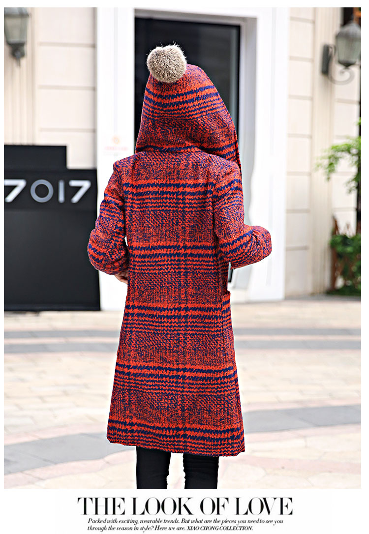afacai毛呢外套 女装2015秋冬新品韩版修身中长款连帽格子呢子大衣女潮 A4808 红格 M