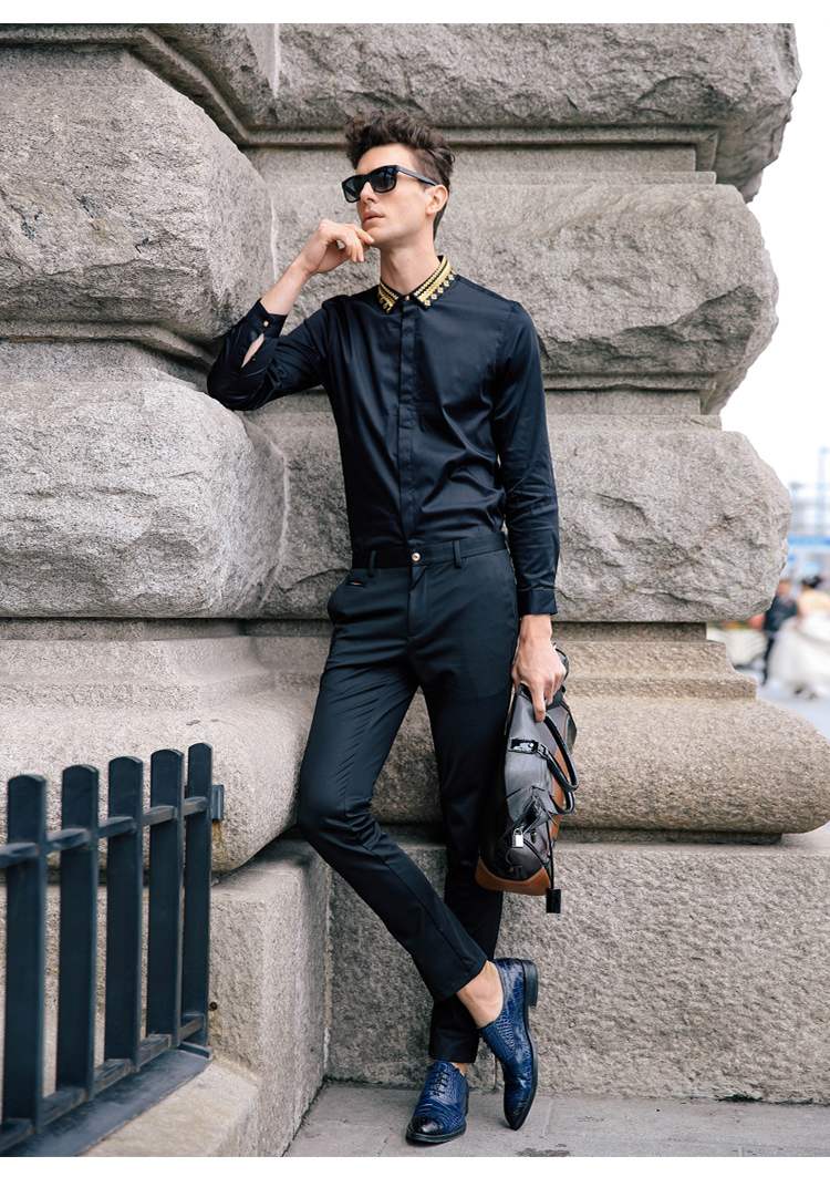 pipes jones品质男装贡缎丝线绣花领男士商务长袖衬衫男 黑色 190