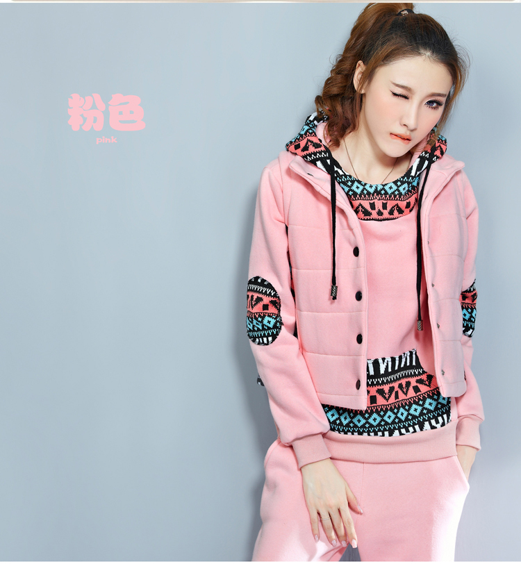 千歡2015春季新款卫衣女加绒加厚显瘦三件套运动休闲卫衣套装女 粉红色 L