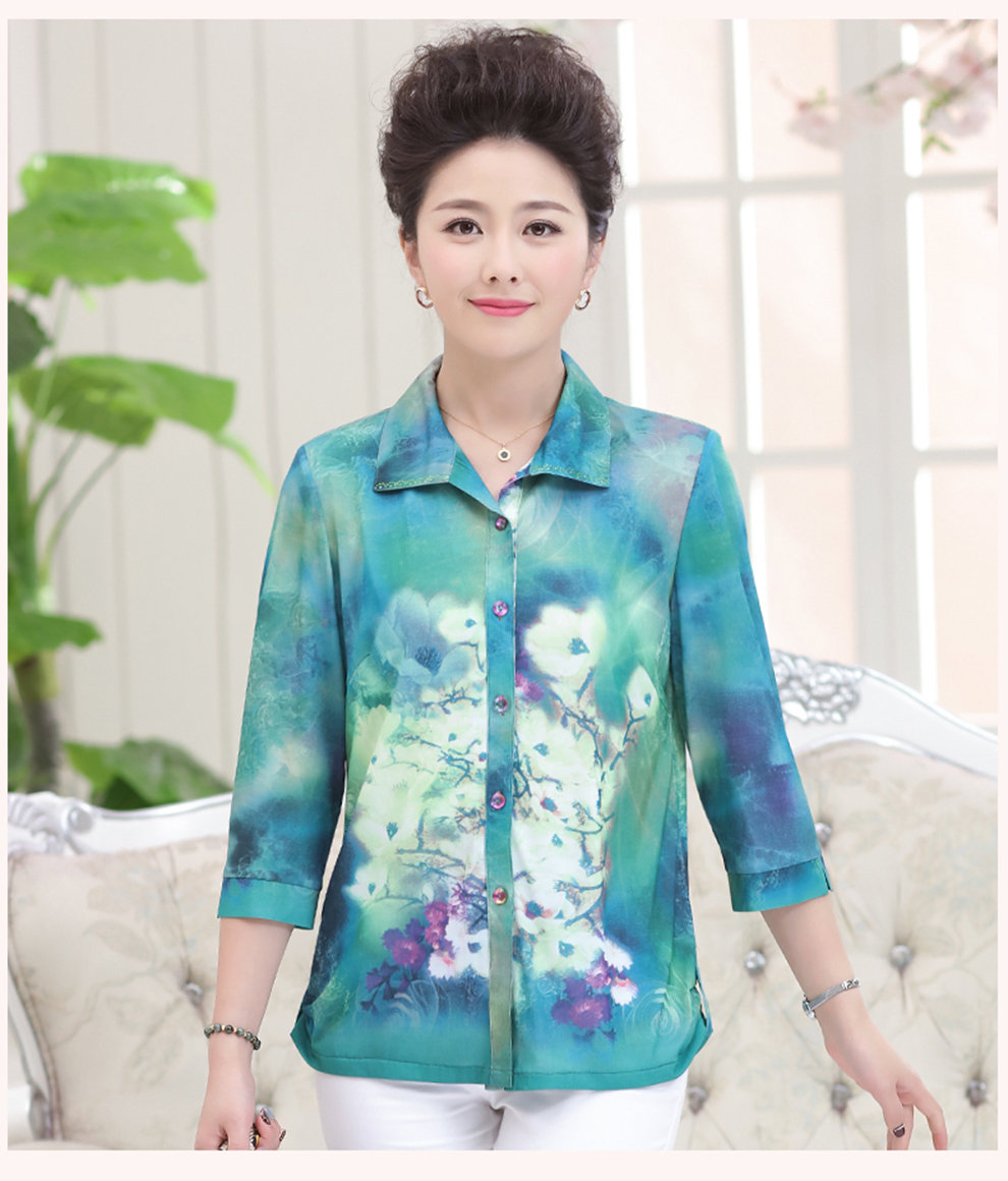 胖织缘福中老年女装大码妈妈装春夏款中袖衬衫印花t恤上衣 蓝色 4xl