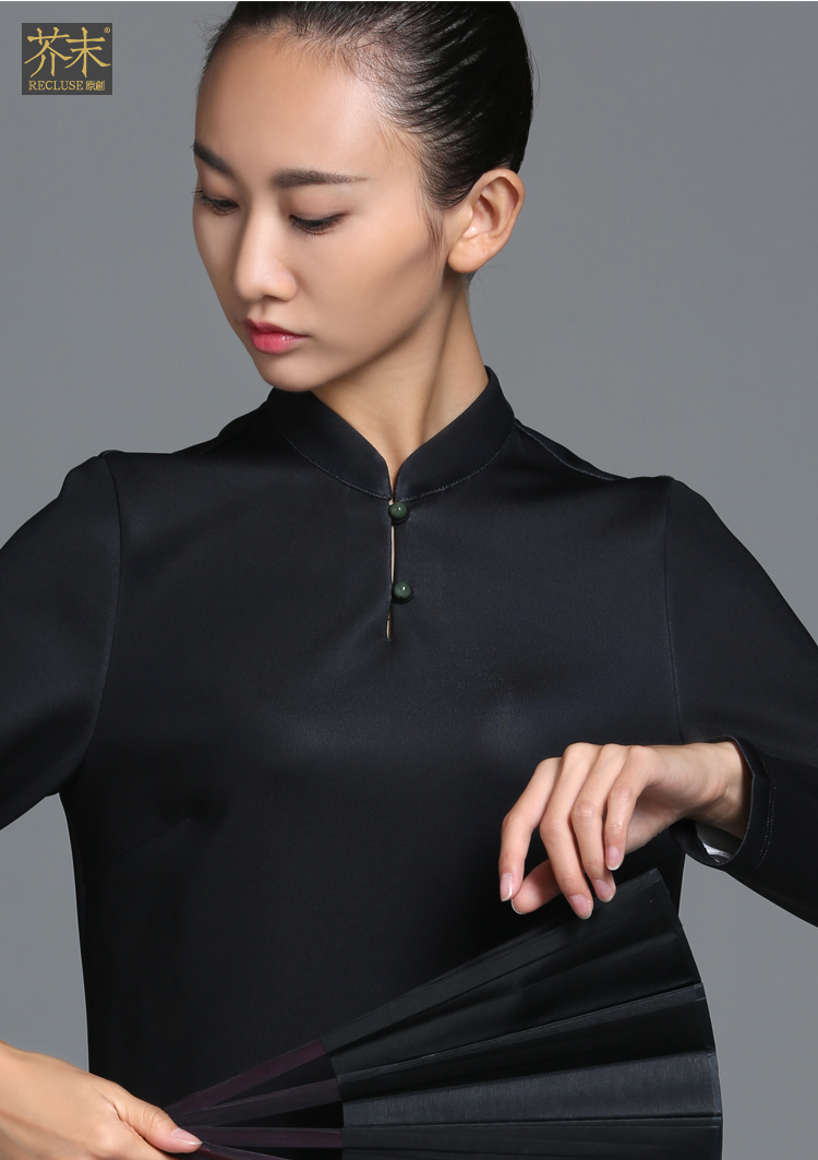 【芥末原创】上善/中国风新中式设计师印花复古玉扣小立领改良旗袍连衣裙女秋冬连衣裙 黑色现货 L