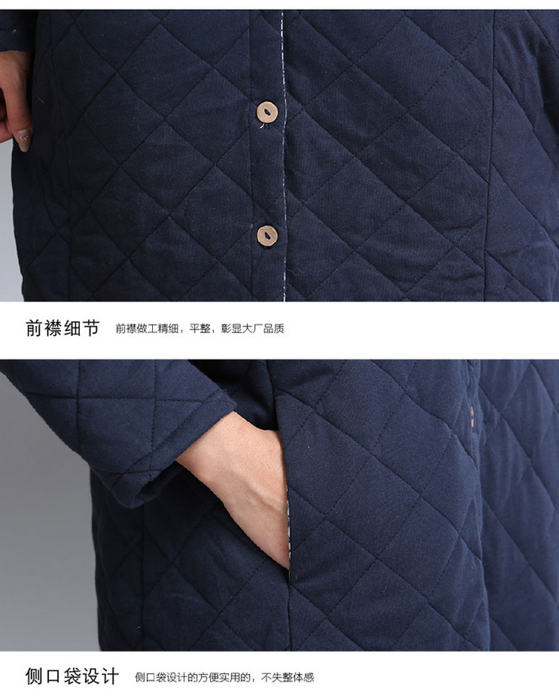 璞衣 2016秋秋季新品大码女装 夹棉加厚立领衬衣中长款长袖棉麻衬衫外套上衣 藏青色 M