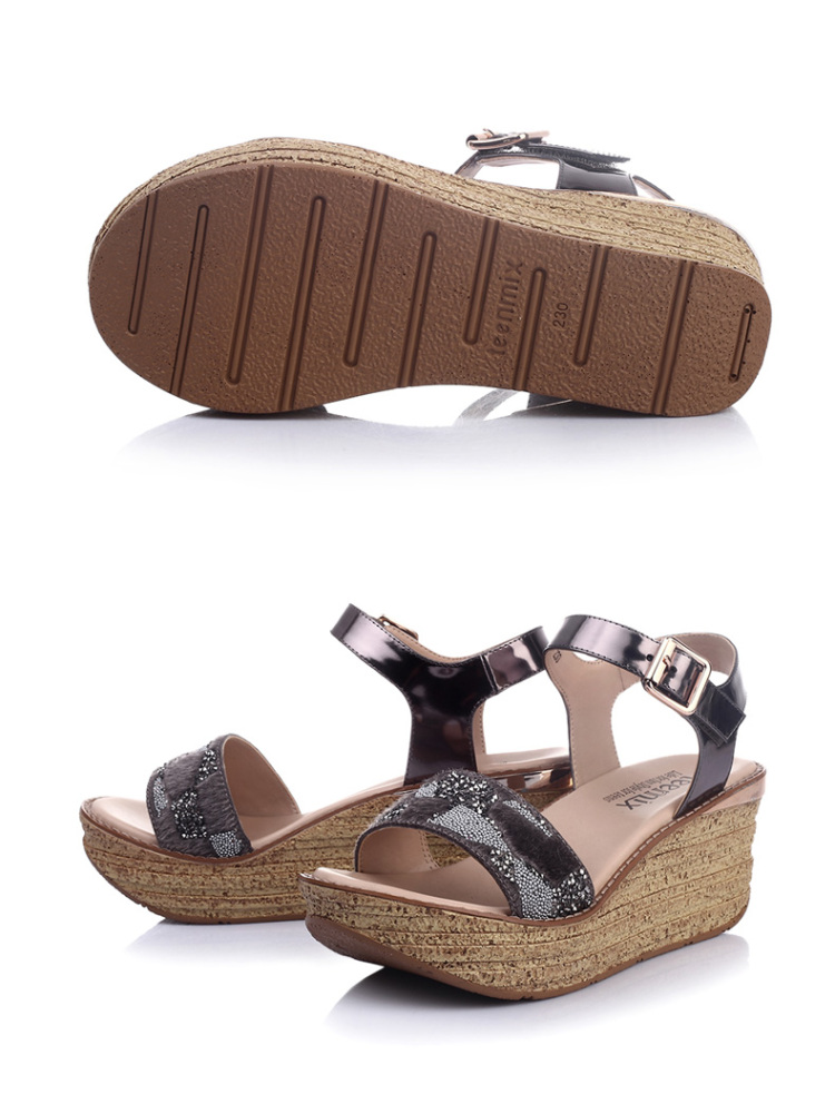 teenmix/天美意 夏季灰色山羊皮坡跟搭扣女凉鞋6yf01bl5 浅蓝色 36