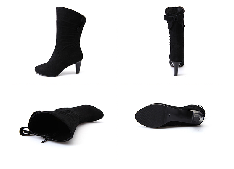 fed时尚优雅圆头高跟粗跟蝴蝶结女中靴1660358 黑色羊绒430103 34