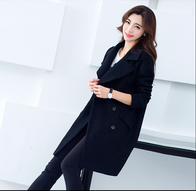 珞橙 2015秋冬新款中长款加厚毛呢外套女 韩版修身毛呢大衣大码呢子大衣女 黄色 L