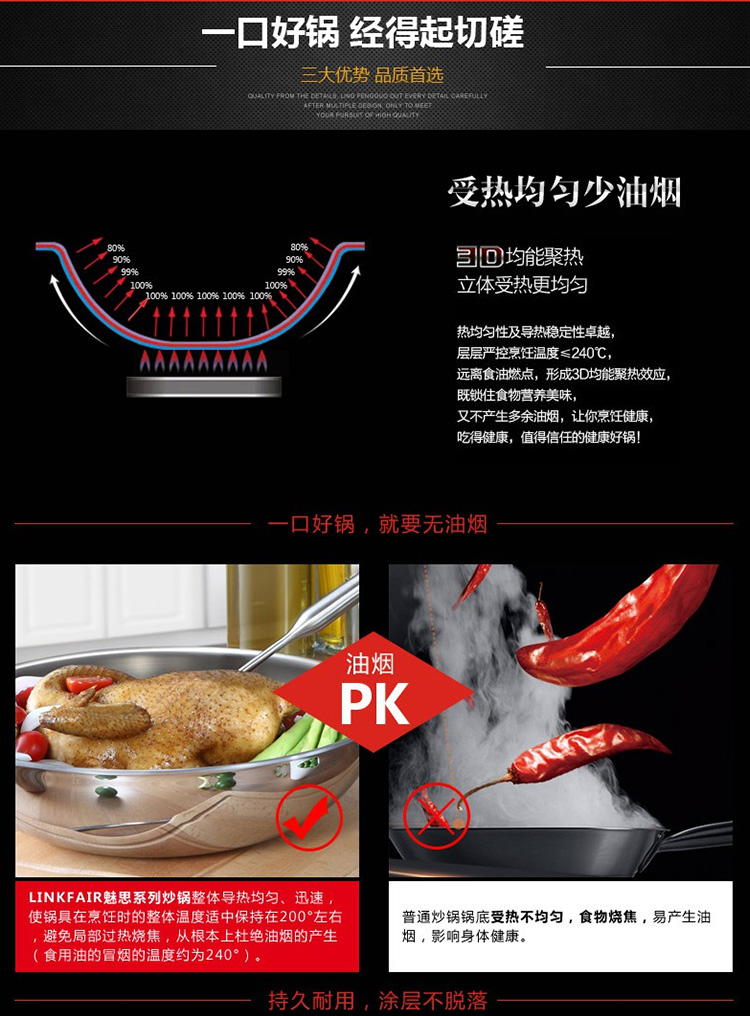 凌丰（LINKFAIR）无烟炒锅不粘锅 无涂层不锈钢炒菜锅 电磁炉通用32cm