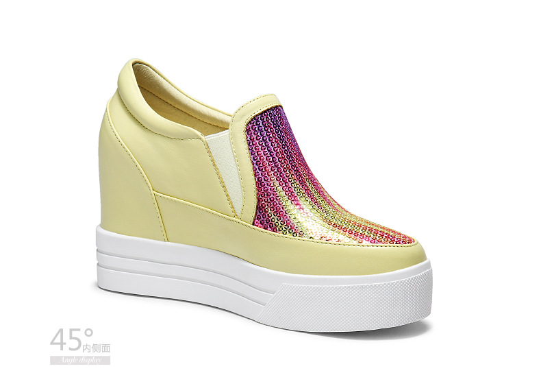 法国宝丽芙poriff 2016年春季休闲内增高女鞋 新款圆头牛皮亮片布深口