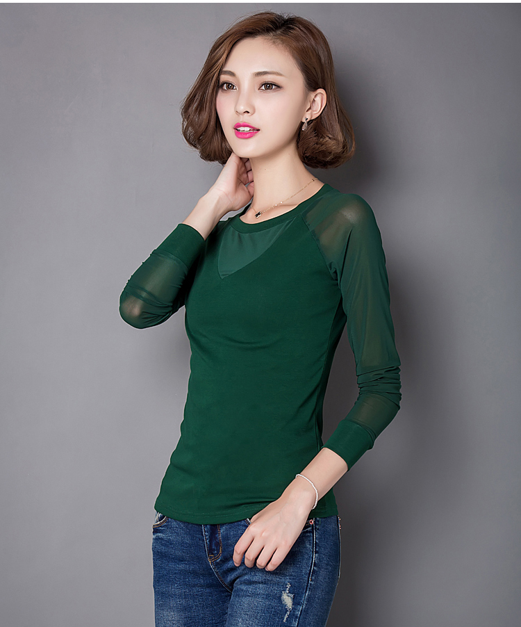 秋季网纱打底 2015新款女装上衣蕾丝衫 修身显瘦百搭纯色 OL通勤长袖秋冬打底小衫 绿色 XL无货