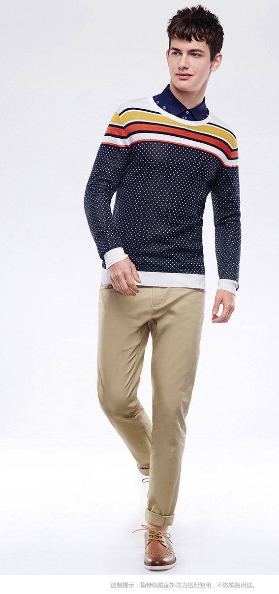卡宾cabbeen春季男装针织衫 圆领套头修身毛衣男长袖针织衫b
