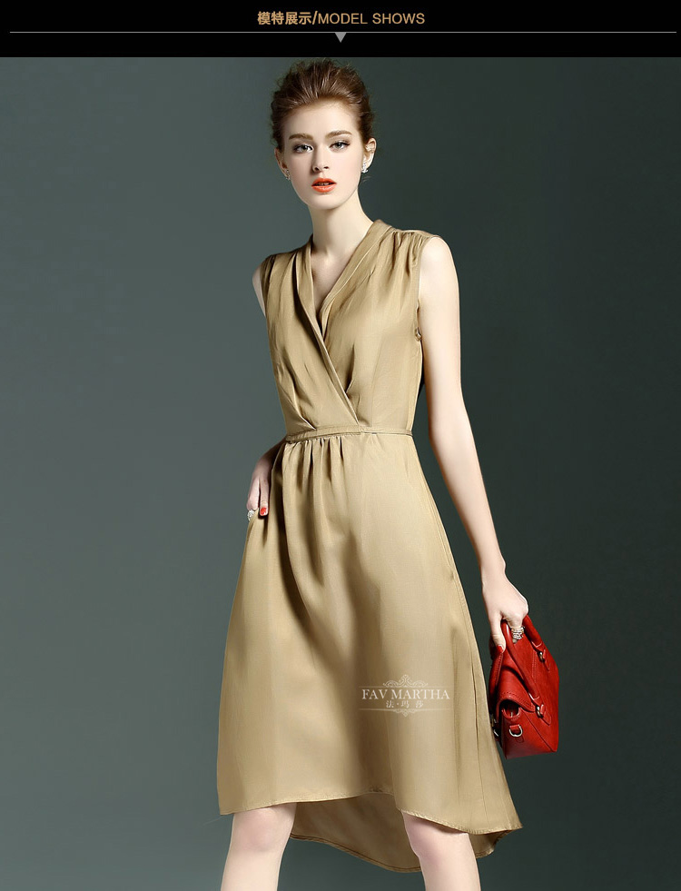法玛莎2016夏季新品女装气质不规则无袖v领收腰连衣裙 卡其色 l