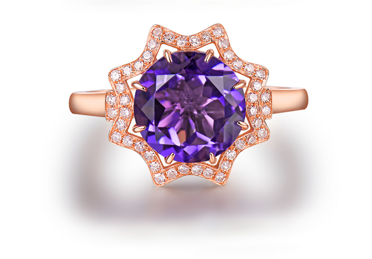 75克拉玫瑰色18k金天然紫水晶戒指17分钻石彩色宝石彩宝戒指