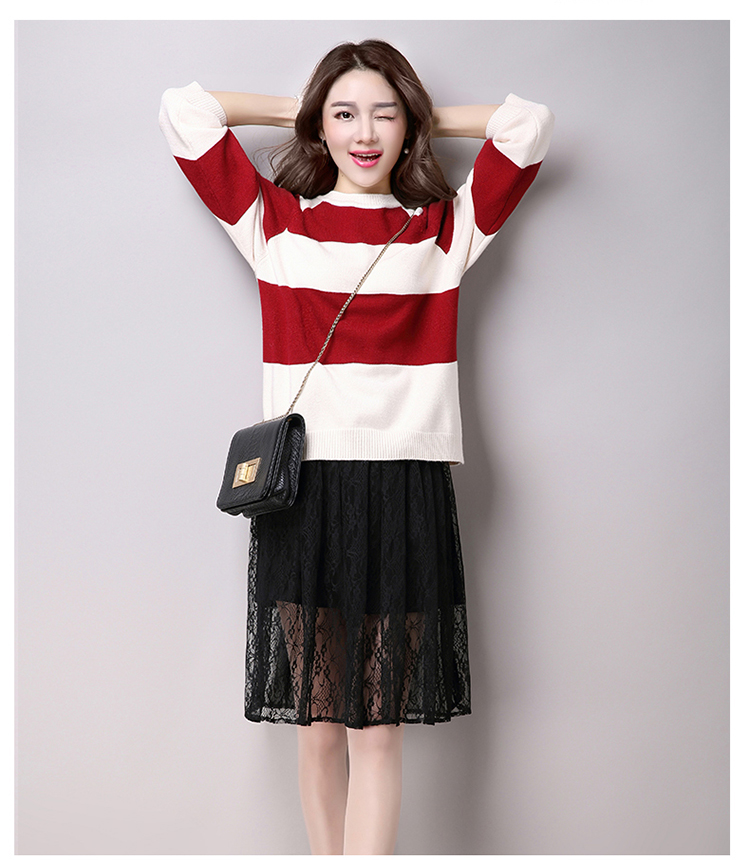 雪夕2016春秋新款韩版 短款拼色条纹套头针织衫 女装打底外套 118