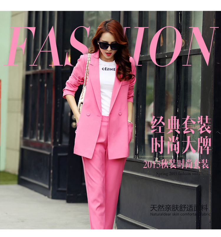 洛依诗 春秋装2015新品女装 韩版修身显瘦简约气质职业干练正装裤西装两件套 时尚休闲女装 玫粉色 XL