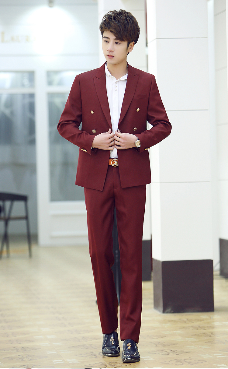 丹杰仕2015春秋韩版男士西服两件套装 酒红色 175/96b