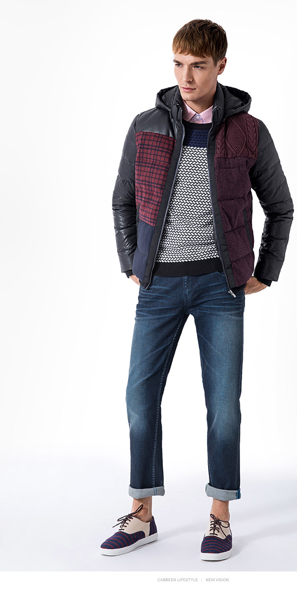 卡宾cabbeen2015秋冬新款 男士个性格子拼接外套休闲羽绒服b