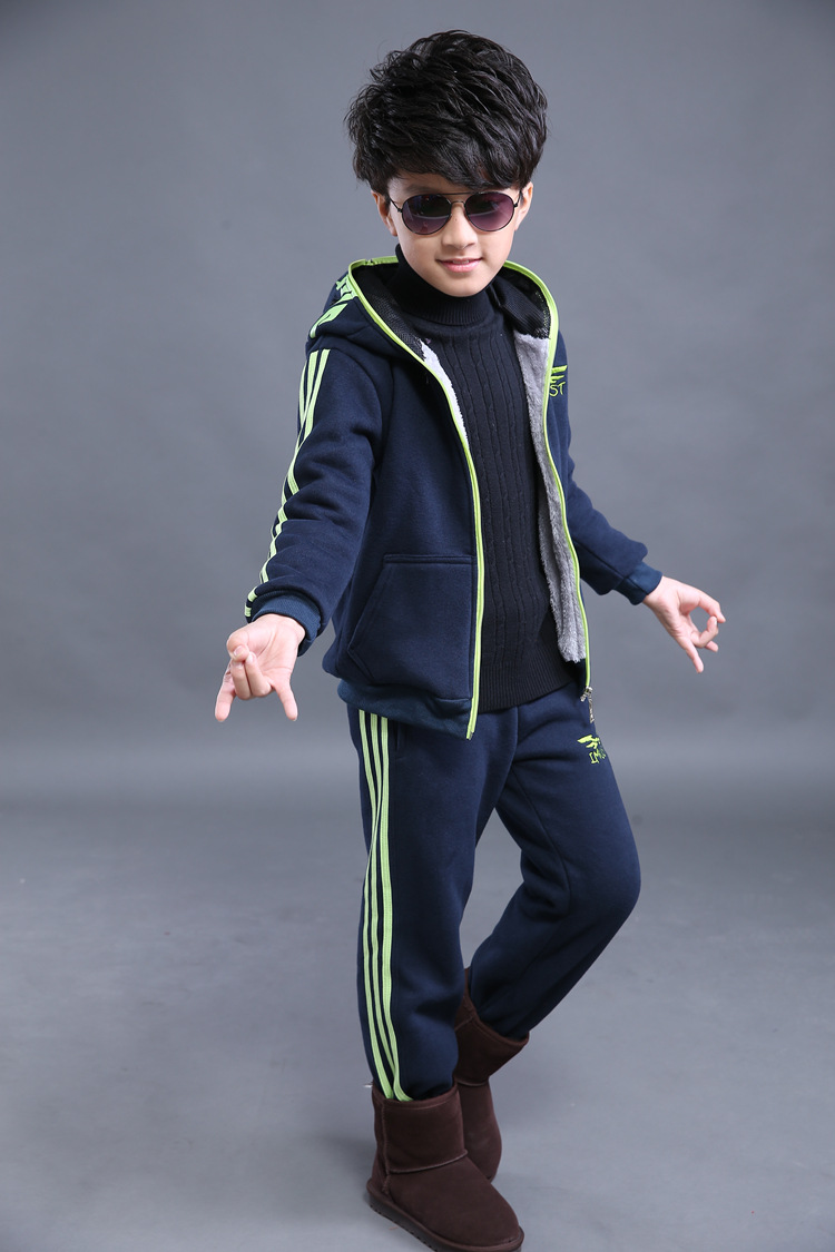 仙贝蕾 童装男童秋装套装运动冬款2015新款男大儿童卫衣两件套 灰色