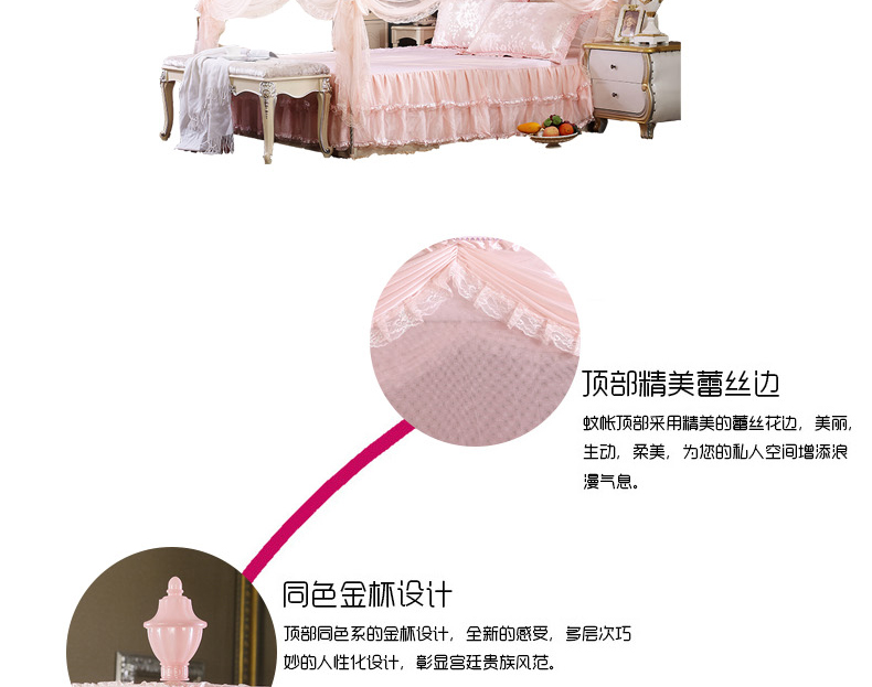 卡斯狄兰 帐纱 宫廷蚊帐三开门落地式加粗不锈钢支架蕾丝花边公主方顶蚊帐单双人床 小城故事-紫色 2.0m床200*220