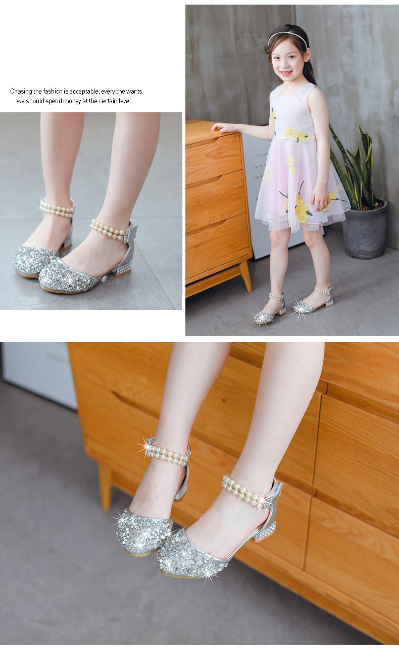 女童高跟鞋女孩公主礼服鞋中大童演出鞋钢琴表演主持人皮鞋包头水晶
