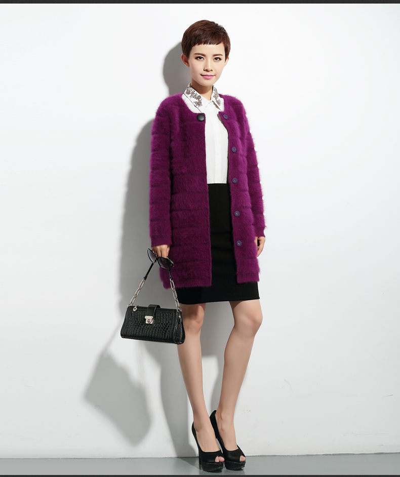 
                                        绒歆坊 秋冬款兔毛衫女中长款兔毛绒大衣开衫女兔毛外套 紫罗兰 XL                