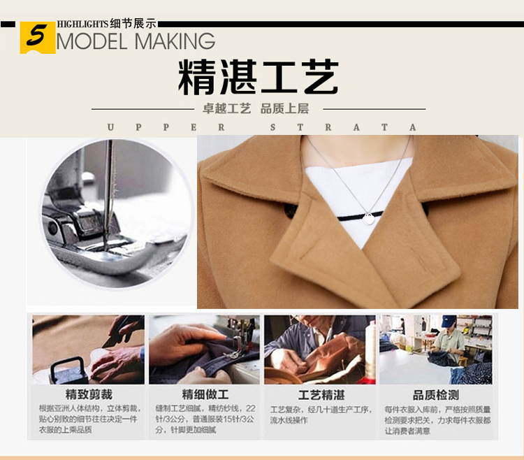 2015秋冬新款毛呢外套呢子大衣女中长款修身显瘦休闲韩版气质时尚双排扣翻驳领大码 藏青色 S