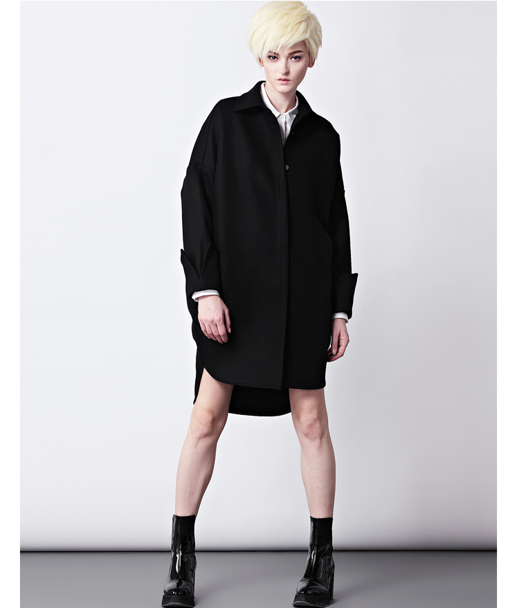 原创衬衫式茧型不对称中长款呢料大衣 达丽坊微胖mm外套1943 黑色 s