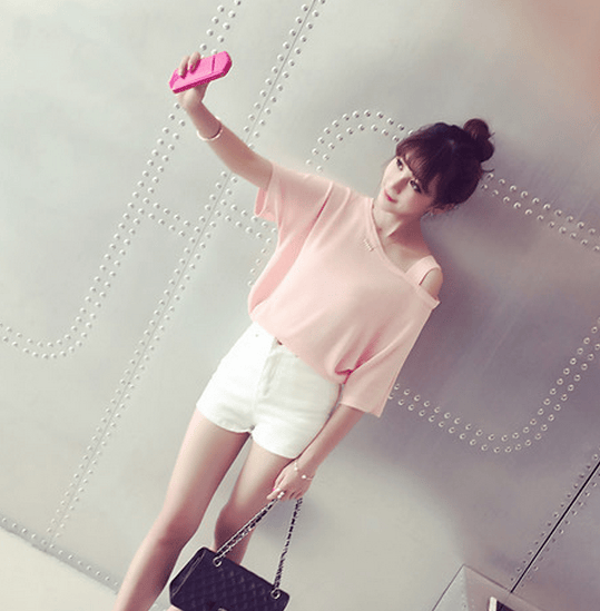 莎密2016春夏不对称宽松露半肩斜肩单吊带短袖纯色t恤 黑色 均码