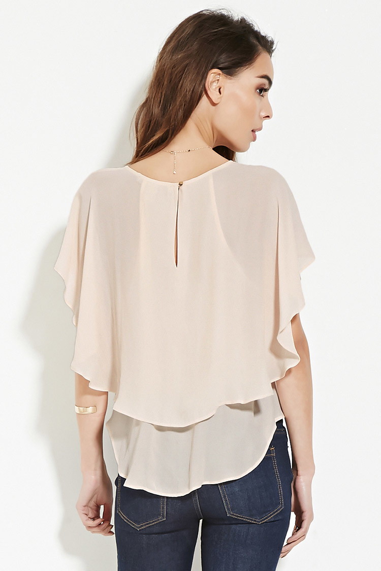 forever21 层次荷叶边蝴蝶短袖雪纺衫 香草色 m