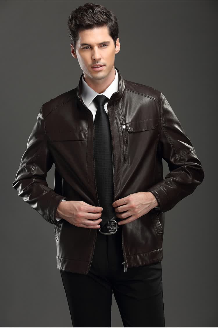 路易蒙卡罗男装男士休闲夹克外套中年男士皮衣修身立领皮夹克皮外套pu