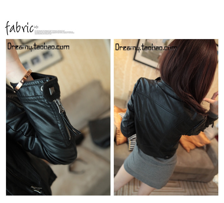 斯番陈 皮衣女短款修身2014秋装新款女装 欧美显瘦修身机车服小皮衣 长袖短款皮夹克外套潮 黑色 M