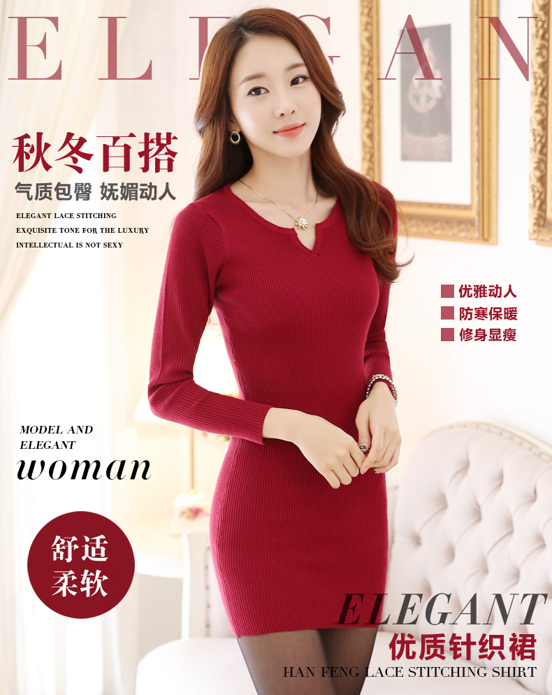 歐尼娜 2015秋季新款毛衣女长袖中长款打底衫优雅气质百搭修身针织衫连衣裙 313款 深咖色 M