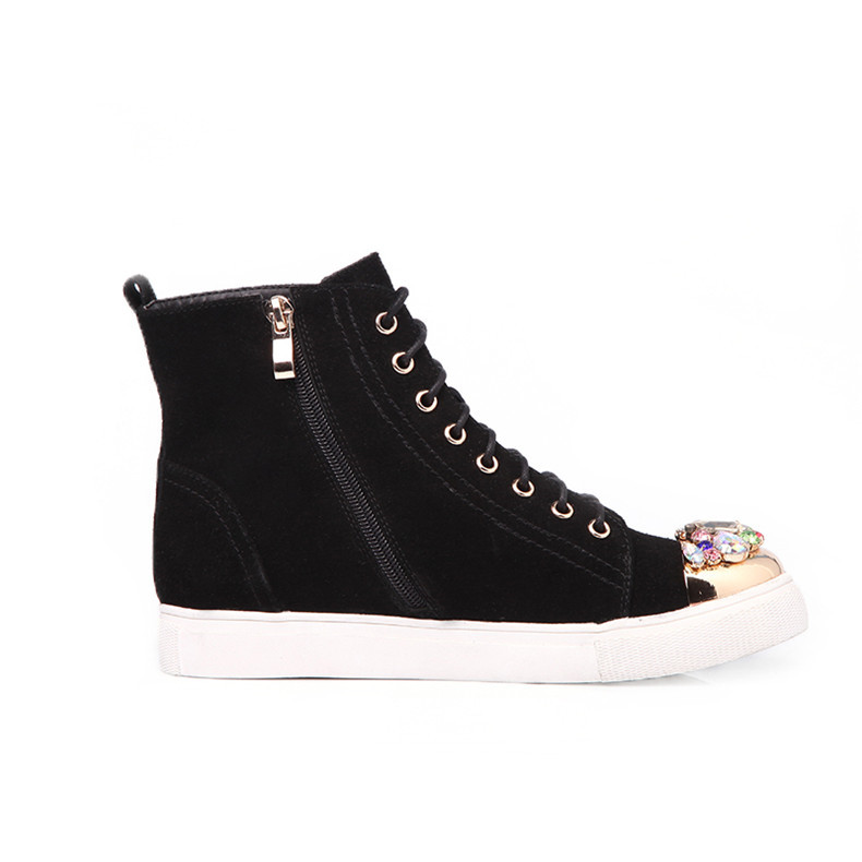 hcntes翰德思 欧美范高帮圆头系带舒适板鞋 日常休闲女式平底鞋 黑色