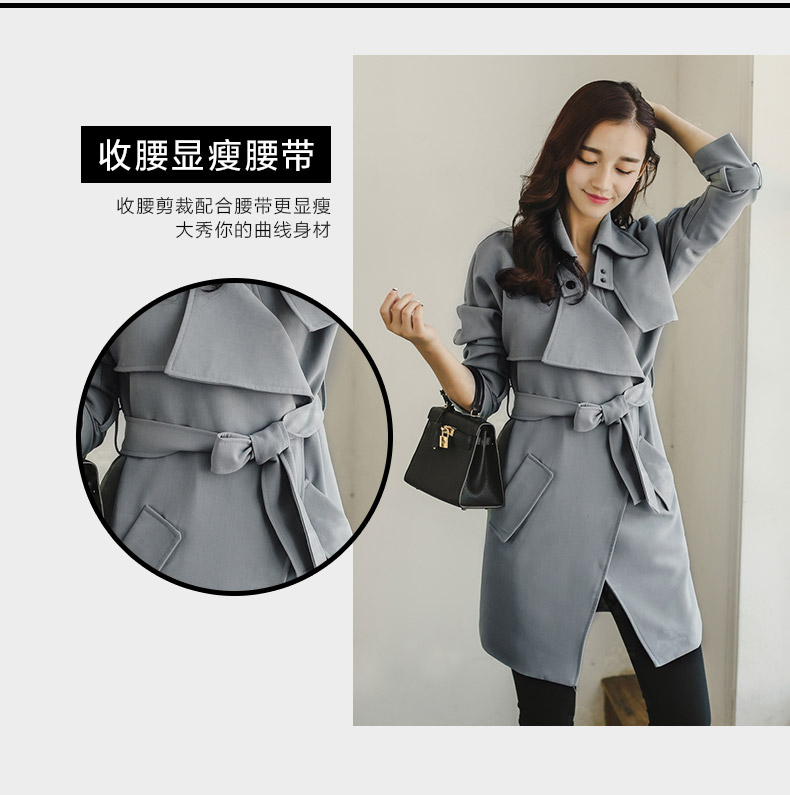 BLANCO LEVRIN2015秋装上新韩版修身中长款系带风衣外套女1950 灰蓝色 M