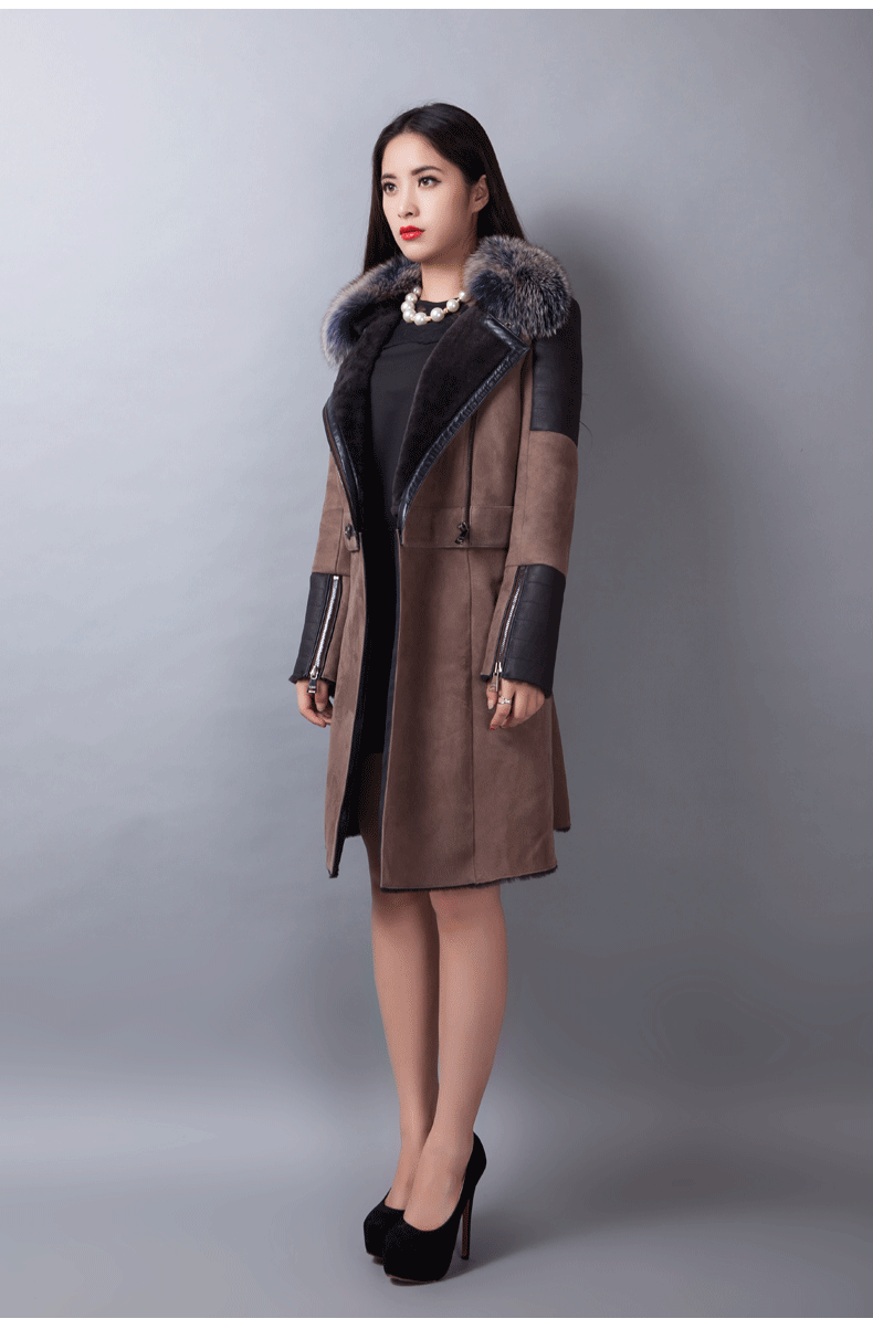 长款女士修身皮毛一体大衣绵羊皮毛狐狸毛领外套羊皮羊毛羊剪绒皮衣皮
