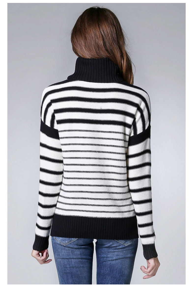 黑白条纹针织衫2015女装秋冬新款上衣打底衫圆领套头修身毛线衣 黑色