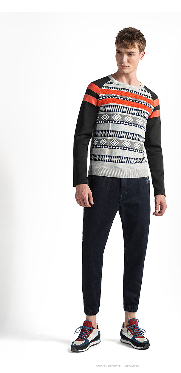 专柜新品卡宾cabbeen2015秋冬新款 男士罗纹圆领长袖针织衫b