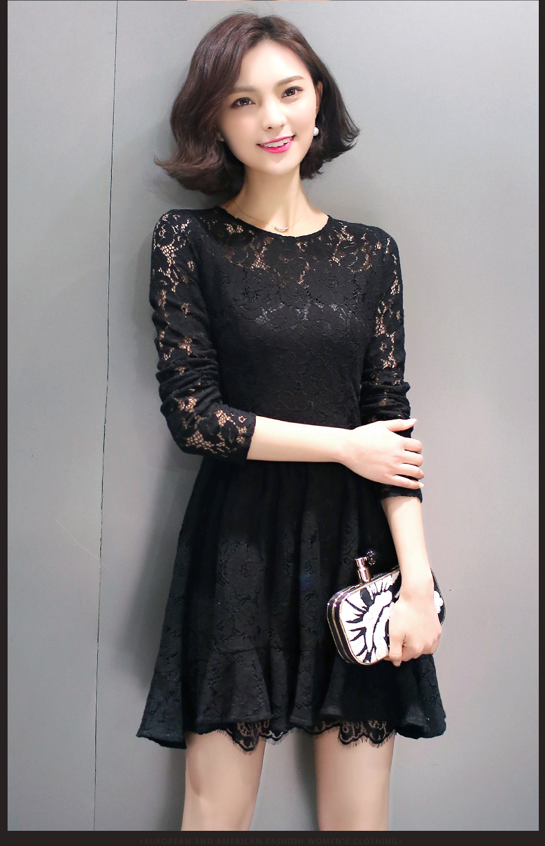 ieq 2016春装新款 镂空蕾丝连衣裙 女士短裙 黑色 xl