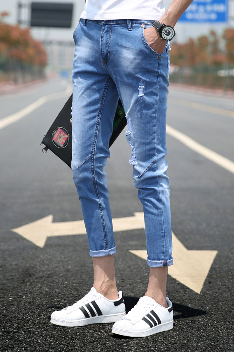 jingotima2016春夏新款个性潮流破洞牛仔裤九分牛仔裤靓仔修身小脚