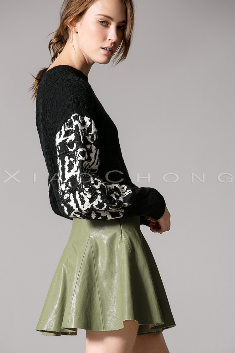 小虫2015秋冬新品女装时尚波浪摆pu皮a字显瘦压褶修身短裙女 军绿 l